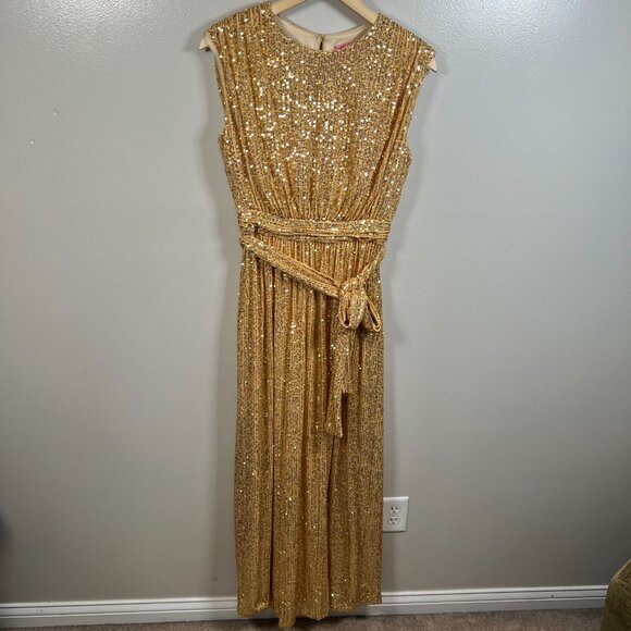LDT Ivy Goddess Gold Sequin Maxi Dress Size 2 Tie Waist Formal Wedding Event - Picture 2 of 11